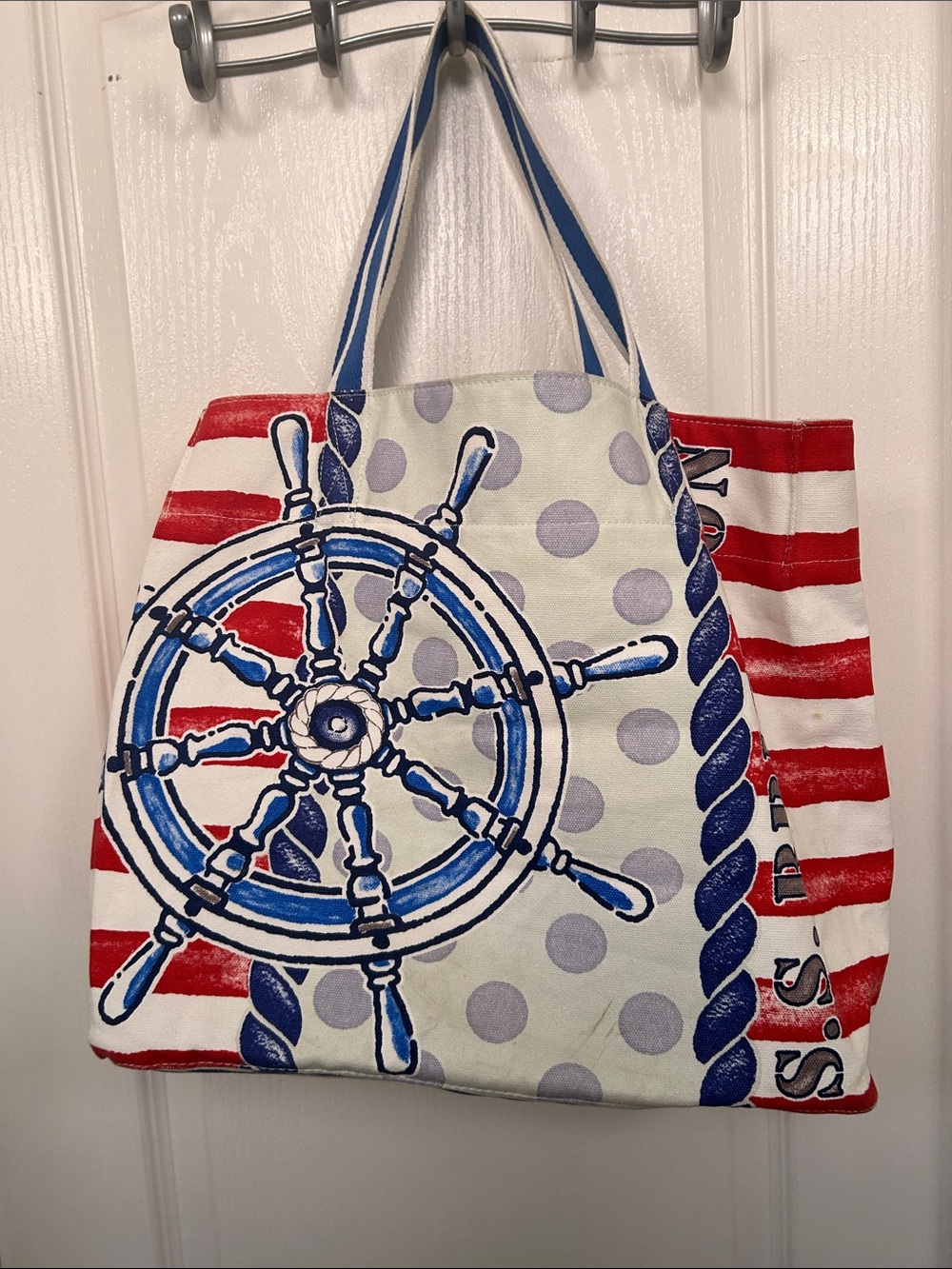 Brighton Nautical Anchor Print Tote Bag in Red, Blue & White - Picture 3 of 4